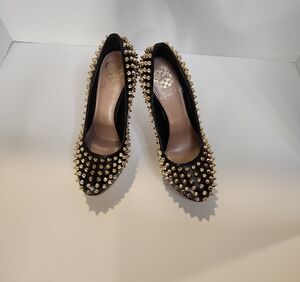 Vince Camuto Black and Gold Studded Heels